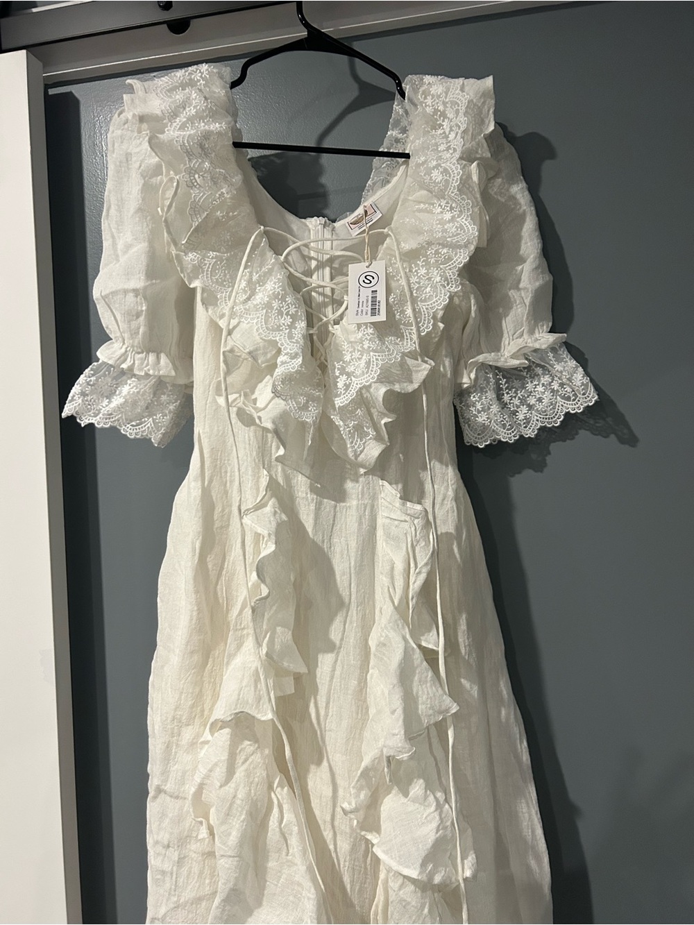 Christina Wu Cream Lace-Embroidered Lace-Up Dress. Brand new with tags.
